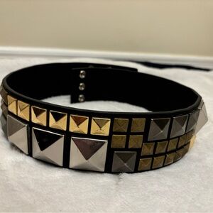 BCBGMAXAZRIA Black Leather Belt with Gold and Silver Pyramid Studs